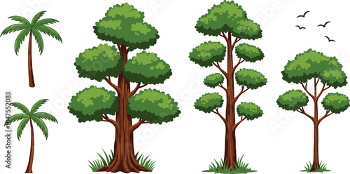 Tree silhouette collection, tropical palm trees, deciduous forest elements, flying birds, nature illustration set, green foliage, landscape design, vector art