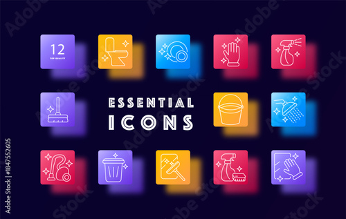 Cleaning tools set icon. Toilet, dish, glove, spray, mop, bucket, shower, vacuum, bin, scraper, brush, cloth in outline style on color gradient squares.