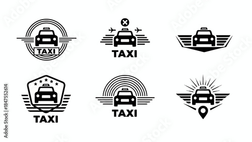 Taxi Logo Icon Set with Car Silhouette Wings Location Pin and Transport Badges in Black and White