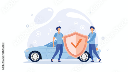 Car Insurance Protection Concept Illustration with People Holding Security Shield and Vehicle Safety Assurance