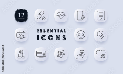 Medical set icon. Pill, heart monitor, mobile device, document, cross, badge, first aid kit, group, runner, helping hand, heart symbol outlined in healthcare theme.