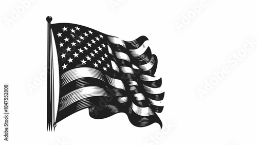 Waving American Flag Black and White Illustration United States Patriotic Symbol