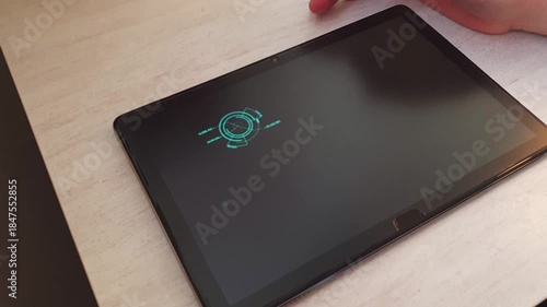 Person interacts with hightech touch screen, software responding by showing world map. Technology