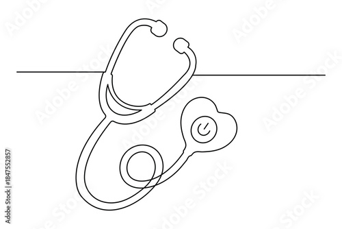One continuous line art of a stethoscope with a heart shaped chest piece and power button icon