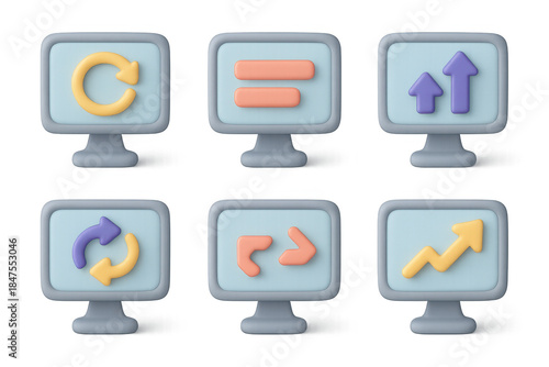 Dynamic display icons with arrows and graphs for digital interfaces and design