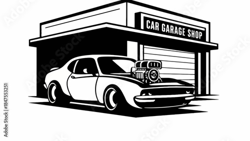 Classic Car Garage Shop Illustration Black and White Automotive Vector Design