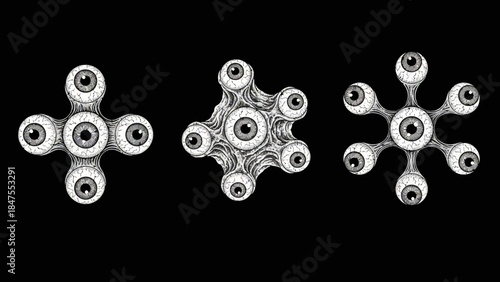 Abstract Futuristic Mechanical Hub Shapes with Radial Symmetry on Black Background