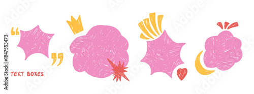 Kids text boxes stickers crayon set. Geometric bang and boom clouds figures hand drawn scribbles set. Pink chat dialogue callouts promo stickers. Vector message tag badges illustration background.
