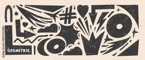 Abstract geometric doodle shapes background. Linocut textured arch, arrows, triangles and playful geometric elements for creative design. Crown, heart charcoal shapes. Vector naive pattern background.