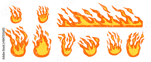 Fire flame doodles with crayon chalk and marker textures. Hand-drawn bonfire icons featuring rough brush strokes. Ideal for graffiti-style designs, posters, and artistic compositions. Vector symbols.