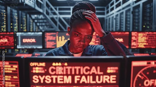 Woman in Server Room Faces Critical System Failure on Multiple Screens