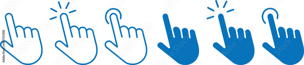 Obraz premium Hand click icon set. pointer sign and symbol. Computer mouse click cursor arrow icons set. hand cursor icon. Hand cursors icons click set vector illustration on transparent background 