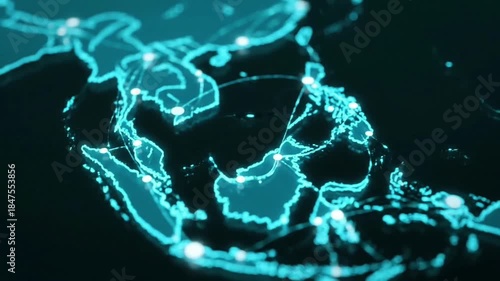 Futuristic digital map of Southeast Asia highlighting interconnected global networks and advanced data flow for international communication and technological development