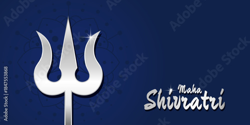 Maha Shivratri horizontal banner with glowing trishul, rangoli, blue background. Vector illustration for Hindu celebration posters, cards, web designs