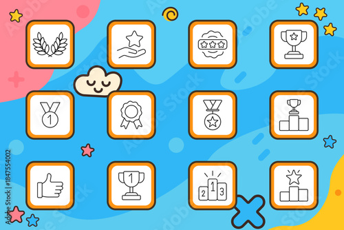 Award set icon. Laurel, star, badge, trophy, medal, ribbon, podium, thumbs up, first place, excellence. Achievement, ranking, victory, competition, success.