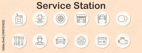 Service station set icon. Fuel canister, cracked windshield, tire, car lift, brake disc, wrench, mechanic, steering wheel, battery, engine.