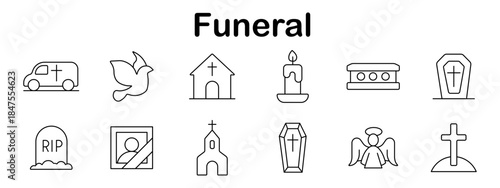 Funeral set icon. Line style funeral elements showing hearse, church, cross, candle, tombstone, angel, coffin, dove, and memorial portrait