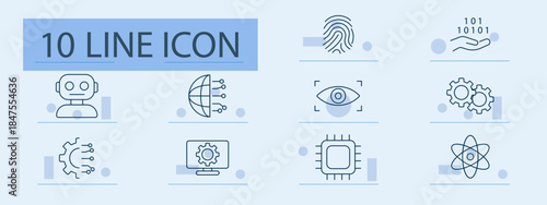 Technology set icon. Line icons with robot, fingerprint, binary, AI, globe, gears, chip, eye scan, atom, processor, automation