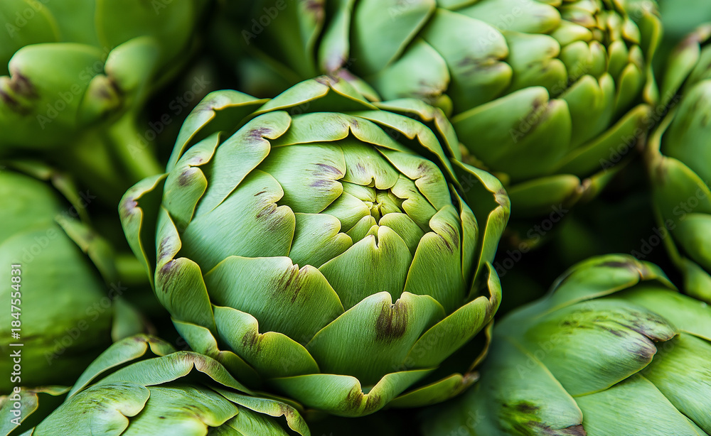 Fototapeta premium Fresh green artichokes tightly packed creating a natural vegetable pattern. 
