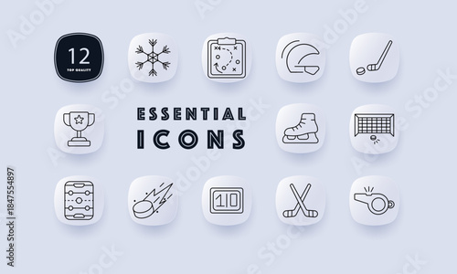 Ice hockey set icon. Stick, puck, goal, player, skates, strategy board, whistle, helmet, snowflake, scoreboard, trophy shown with bold minimal strokes on rounded icons.