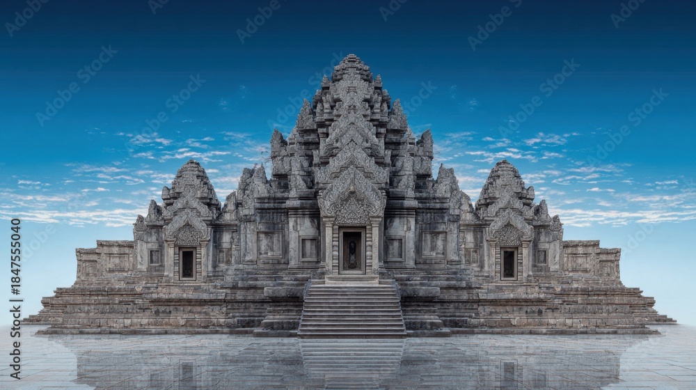 Naklejka premium Ancient stone temple complex with stepped entrance and intricate carvings against a blue sky