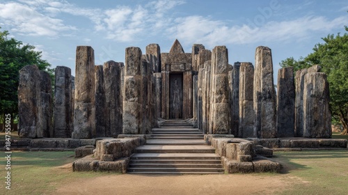 Ancient stone ruins with tall pillars and a carved doorway stand under a blue sky