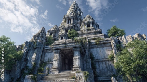 Ancient stone temple structure overgrown with vines and trees under a blue sky with clouds