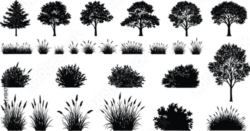 Tree silhouette vector set, black foliage illustration, grass and bush icons, nature elements, landscape design, environmental graphics, vegetation shapes