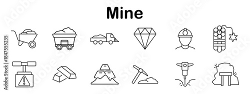 Mine set icon. Wheelbarrow, mining cart, dump truck, diamond, miner, dynamite, pressure valve, gold bar, pickaxe, jackhammer, tunnel shown in simple outline style.