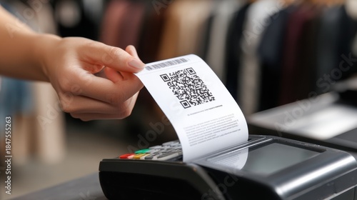 Hand holding a receipt with QR code over a payment terminal transaction