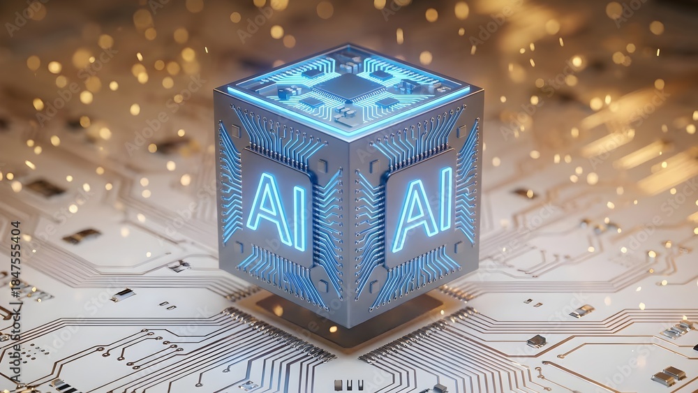 Obraz premium Futuristic glowing cube with AI symbols at the center of a digital circuit board.