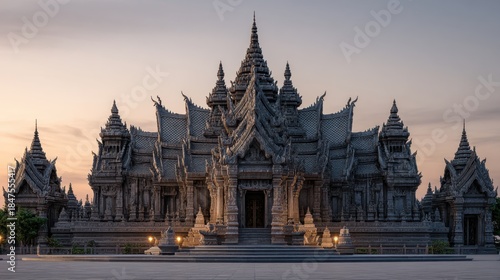 Ornate stone temple complex with multi tiered roofs and intricate carvings at twilight