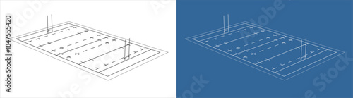 Isometric Rugby Field Technical Drawing with Goal Posts and Marking Lines