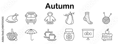 Autumn set icon. Roast turkey, school bus, raincoat, pear, wool sock, yarn ball, fruit basket, umbrella, tea cups, jam jar, school board, book stack shown in outline style.