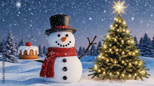 Cute 3D animated snowman waving hand holding cake next to Christmas tree in winter snow