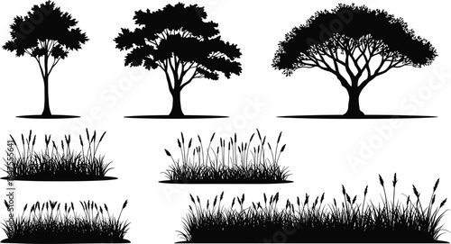 Tree silhouette vector set, black forest shapes, isolated grass patches, nature elements, botanical clipart, landscape design, foliage, vegetation, illustration