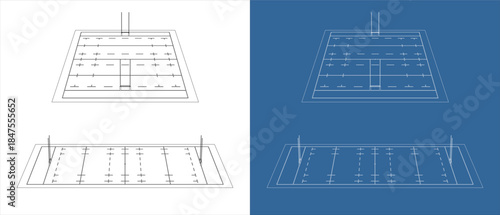 Rugby Pitch Technical Wireframe Drawing Showing Front and Side Perspective Views