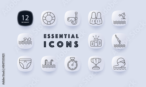 Swimming set icon. Lifebuoy, snorkel, fins, diving, swimmer, swimsuit, ladder, stopwatch, trophy, podium, swim cap in clean line design on rounded square buttons.