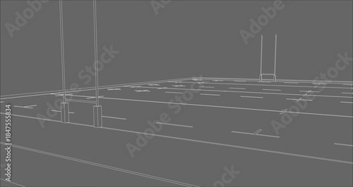 Low Angle Ground Level Perspective of Rugby Field and Goal Posts Wireframe