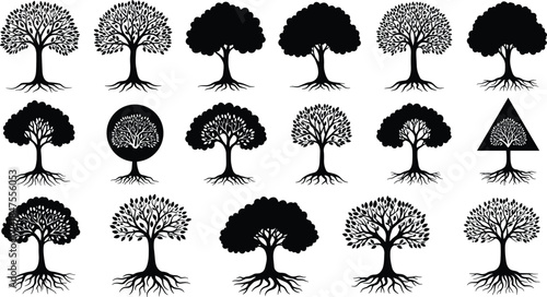 Tree silhouette vector set, black tree icons, abstract forest shapes, nature design elements, isolated trees, geometric frame trees, stylized foliage
