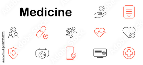 Medicine set icon. Pills, first aid, heart rate, doctor, patient, health, hospital, care, cross, shield, prescription, emergency, digital record, cardio, app, mobile, help.