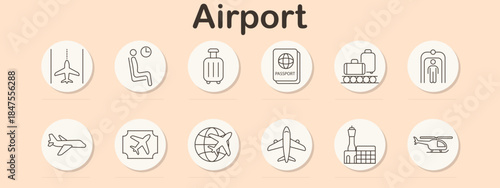 Airport set icon. Plane landing, passenger seat, luggage, passport, baggage claim, metal detector, airplane, ticket, globe, runway, control tower, helicopter.