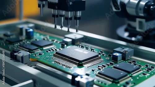 Robotic arm assembling circuit board, Close-up view of a robotic arm assembling a circuit board with multiple microchips and components