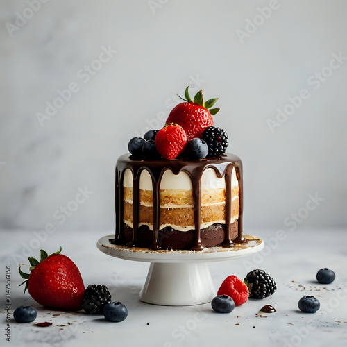 chocolate cake with strawberries, white background