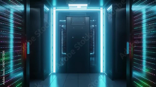 Futuristic data center corridor with illuminated servers