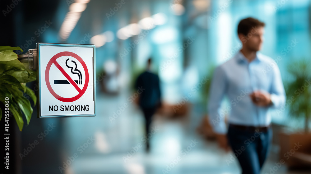 Fototapeta premium No smoking sign mounted indoors with faceless person walking in defocused background, public building health regulation, smoke-free interior environment, with copy space