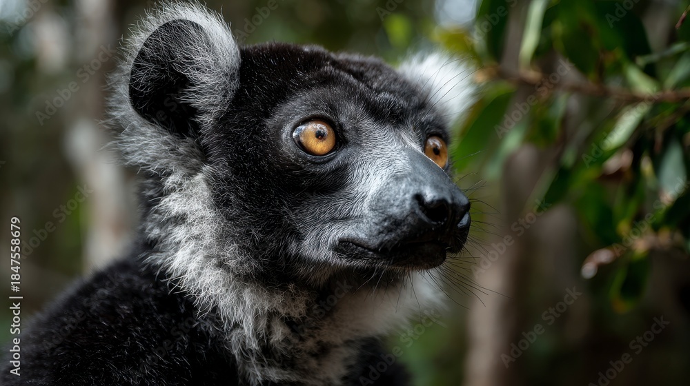 Obraz premium A captivating portrait of a lemur with striking amber eyes, framed by leafy foliage, showcasing its expressive face