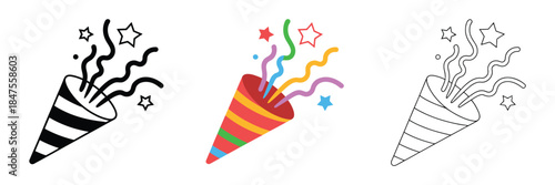 Party Popper Icons Set with Confetti and Streamers Vector Illustration for Celebration Event and Festive Graphic Design