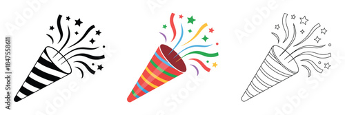 Party Popper Icons Set with Confetti and Streamers Vector Illustration for Celebration Event and Festive Graphic Design
