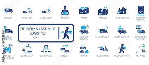 Delivery and Last-Mile Logistics Icon Set. Modern vector icons for e-commerce shipping, courier services, supply chain, freight, parcel tracking, and doorstep delivery.